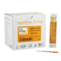 VanishPoint Retractable Technologies 15221-VanishPoint 0.5 mL Insulin Syringe with Needle, 30 Gauge,