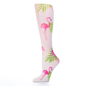 Celeste Stein Womens Compression Sock-White Flamingos